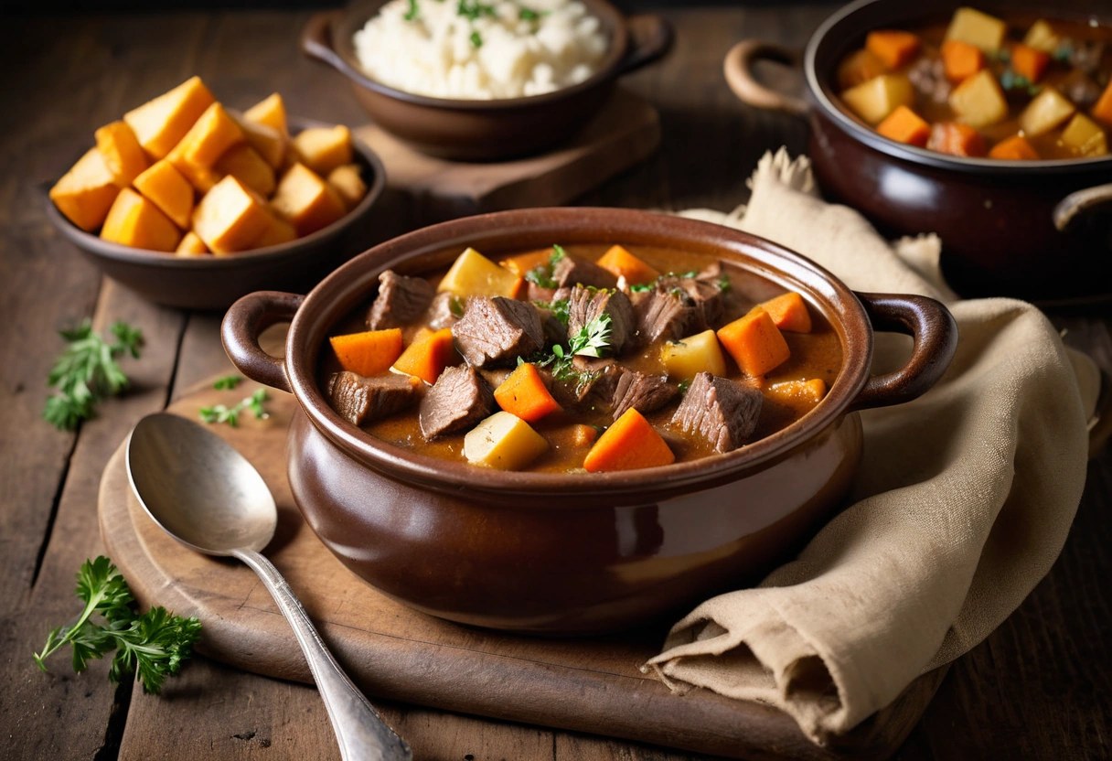 Pot of AIP beef stew with butternut squash and carrots in a glossy brown gravy