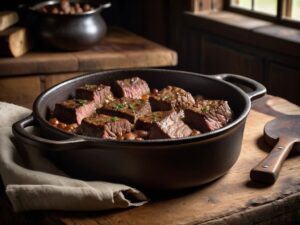 Beef chuck cubes browning in an enameled Dutch oven
