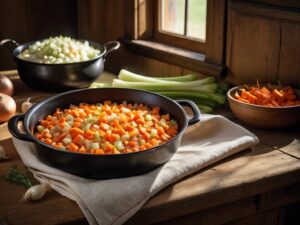 Diced onion, carrots and celery cooking in a Dutch oven