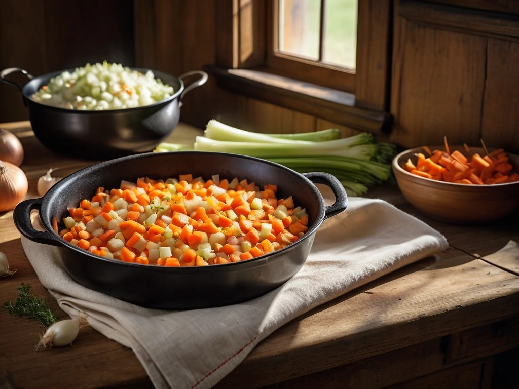 Diced onion, carrots and celery cooking in a Dutch oven