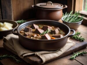 Browned beef in broth with fresh thyme and rosemary in a Dutch oven