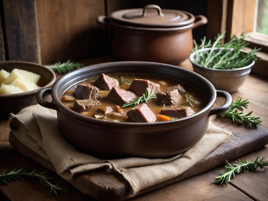 Browned beef in broth with fresh thyme and rosemary in a Dutch oven