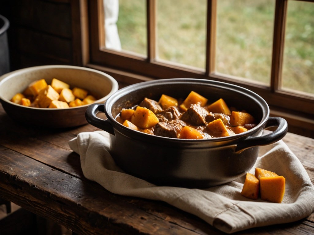 Butternut squash cubes simmering with the beef stew in a Dutch oven
