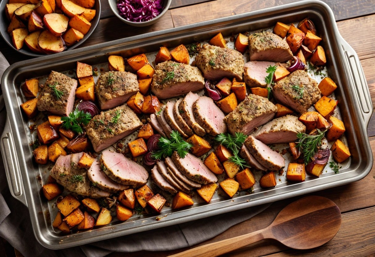 Sheet pan of sliced herb-crusted pork tenderloin with roasted sweet potatoes and red onion