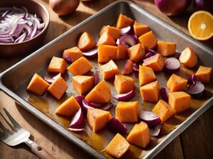 Sweet potato cubes and red onion tossed with oil on a sheet pan before roasting