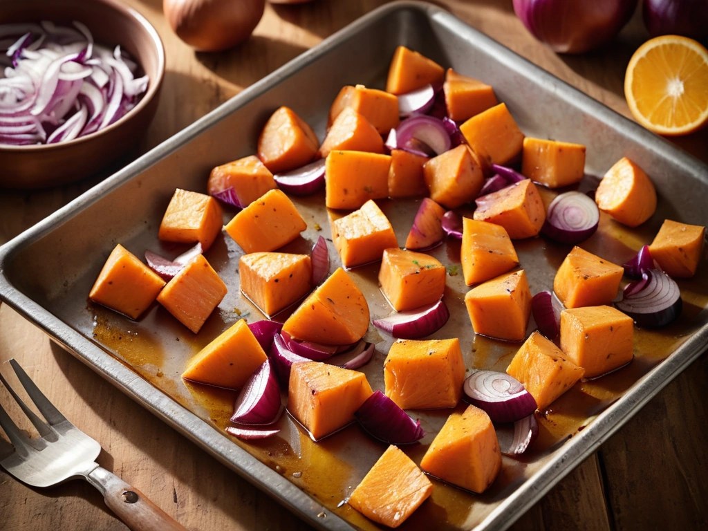 Sweet potato cubes and red onion tossed with oil on a sheet pan before roasting