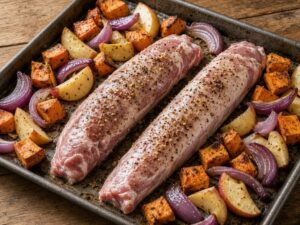 Seasoned pork tenderloins on a sheet pan with roasted sweet potatoes, red onion and apple wedges