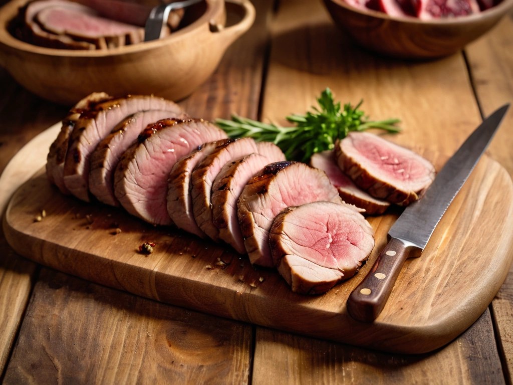 Roasted pork tenderloin sliced into medallions on a cutting board