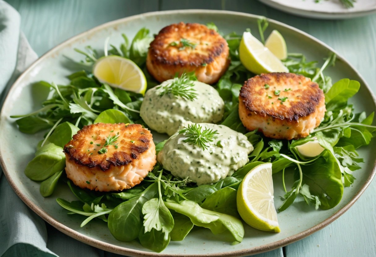 Golden egg-free salmon cakes on salad greens with avocado-lime sauce and lime wedges