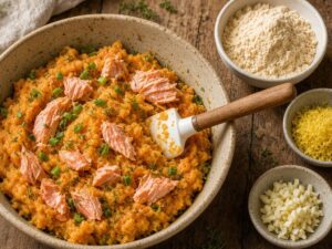 Mashed sweet potato mixture with flaked salmon, green onion and dill in a mixing bowl