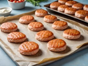 Shaped salmon patties lined up on a parchment-lined baking sheet