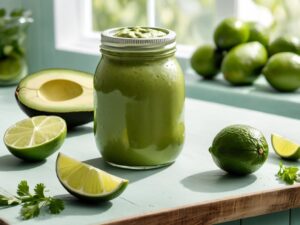 Jar of smooth green avocado-lime sauce with avocado halves and limes