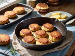 Salmon cakes pan-frying until golden in a cast iron skillet