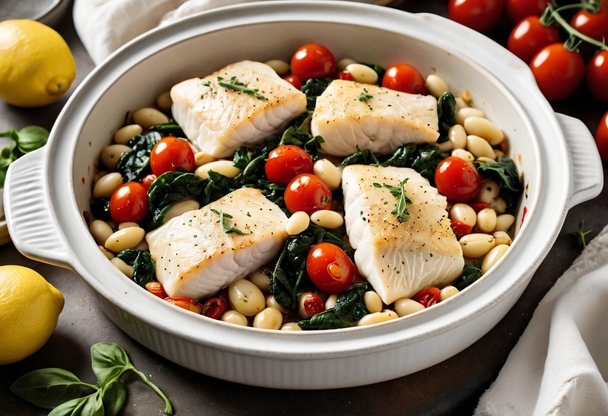 Baked cod fillets nestled in white beans, burst cherry tomatoes and spinach
