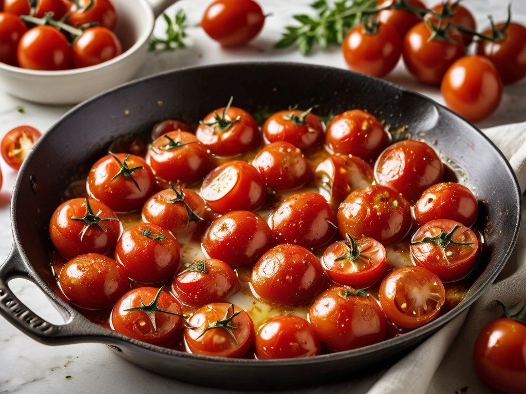Cherry tomatoes blistering in olive oil in a skillet