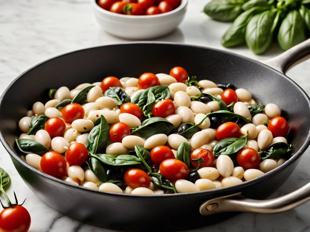 White beans and spinach stirred into the burst tomatoes in a skillet