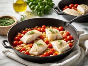 Cod fillets nestled into the tomatoes and white beans before baking