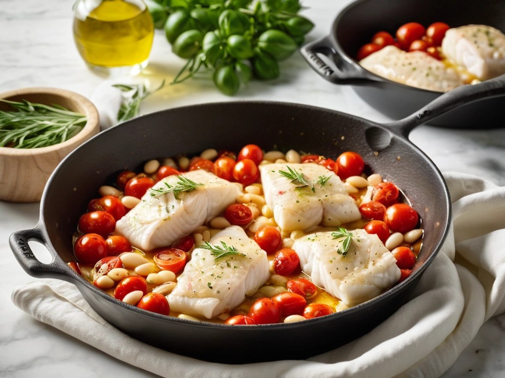 Cod fillets nestled into the tomatoes and white beans before baking