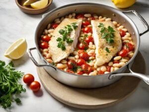 Baked cod in the skillet with white beans and tomatoes, finished with parsley and lemon