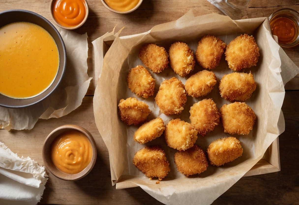 Crispy baked parmesan chicken nuggets on parchment with small bowls of dipping sauce