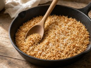Golden toasted panko and parmesan in a cast-iron skillet with a wooden spoon