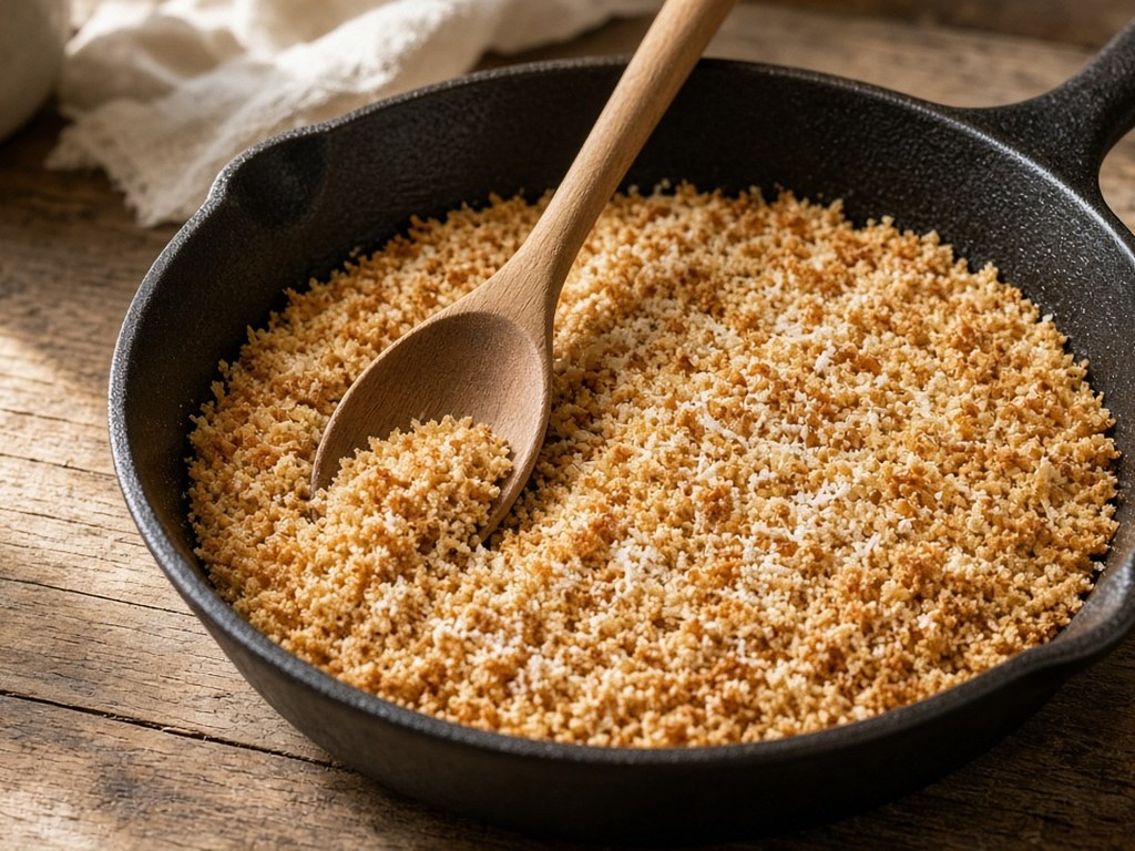 Golden toasted panko and parmesan in a cast-iron skillet with a wooden spoon