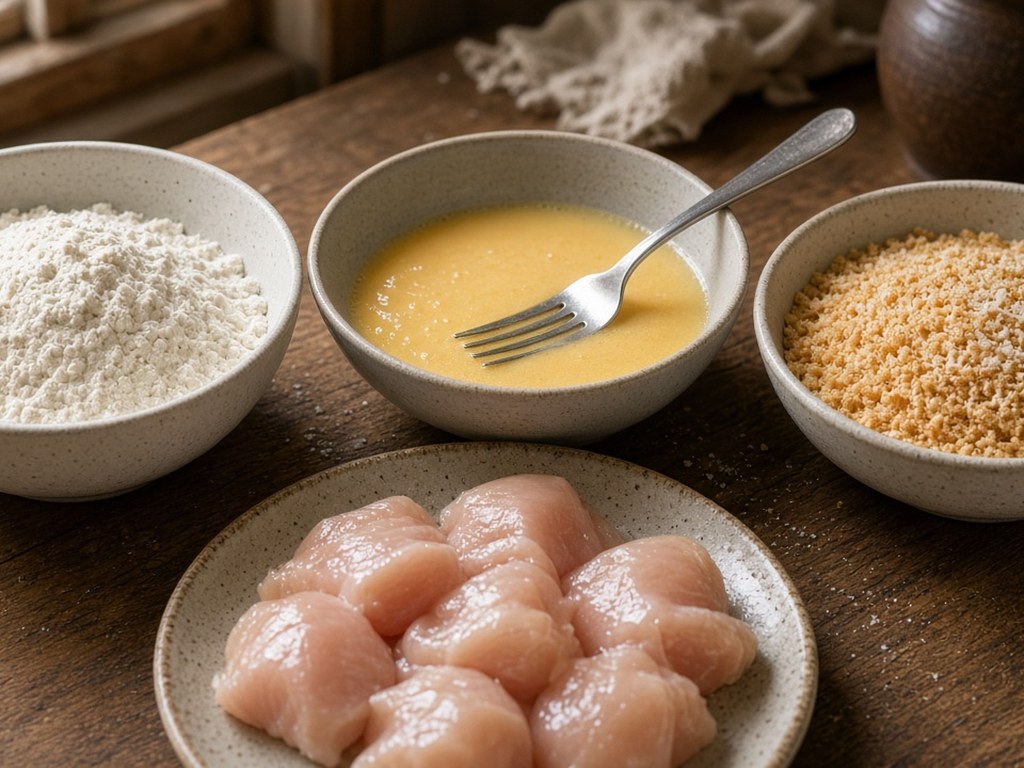 Breading station with bowls of flour, beaten egg wash and golden panko beside a plate of raw chicken pieces