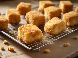 Breaded chicken pieces spaced out on a wire rack over a sheet pan