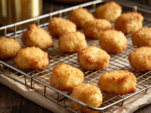 Golden baked chicken nuggets on a wire rack fresh from the oven