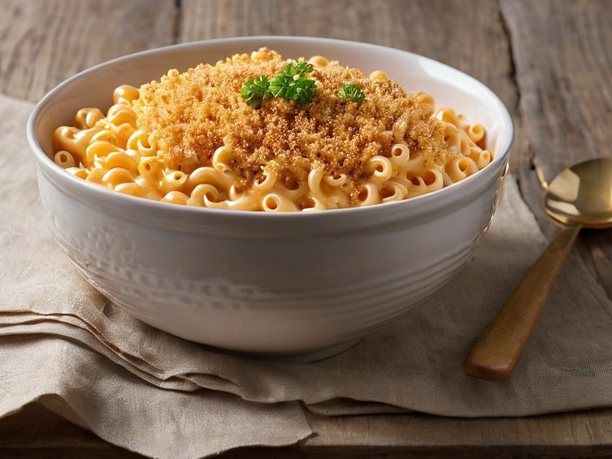 Bowl of creamy butternut squash mac and cheese topped with golden toasted panko and parsley