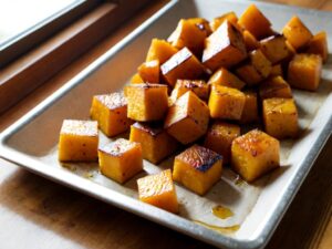 Roasted butternut squash cubes on a parchment-lined sheet pan