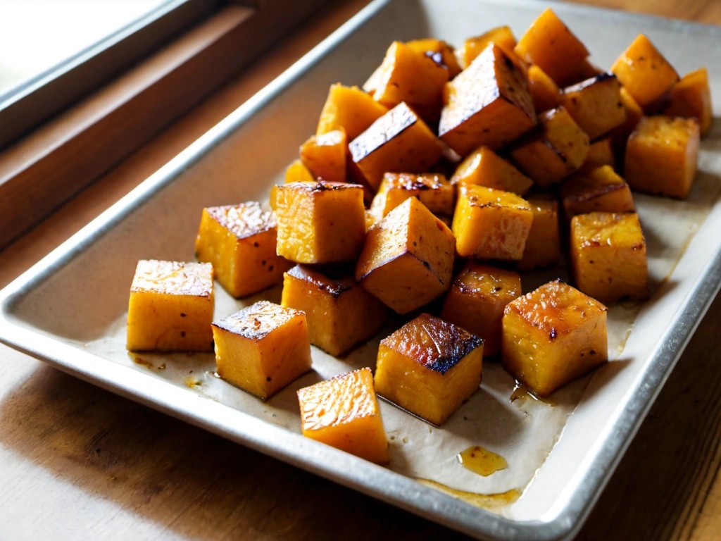 Roasted butternut squash cubes on a parchment-lined sheet pan