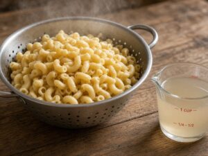 Elbow macaroni draining in a colander with a cup of reserved pasta water