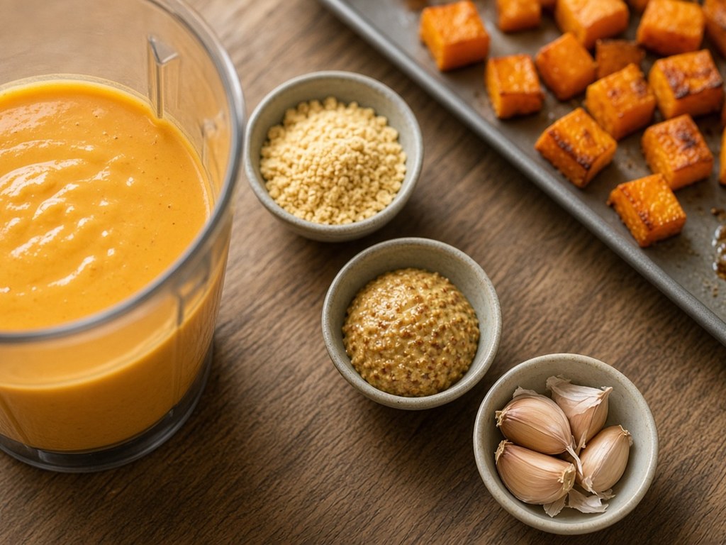 Blender of smooth orange butternut squash cheese sauce beside nutritional yeast, mustard and garlic