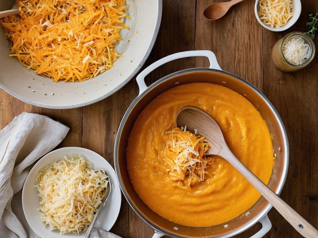 Shredded cheddar melting into orange sauce in a saucepan