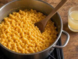 Elbow macaroni stirred into glossy butternut squash cheddar sauce in a pot