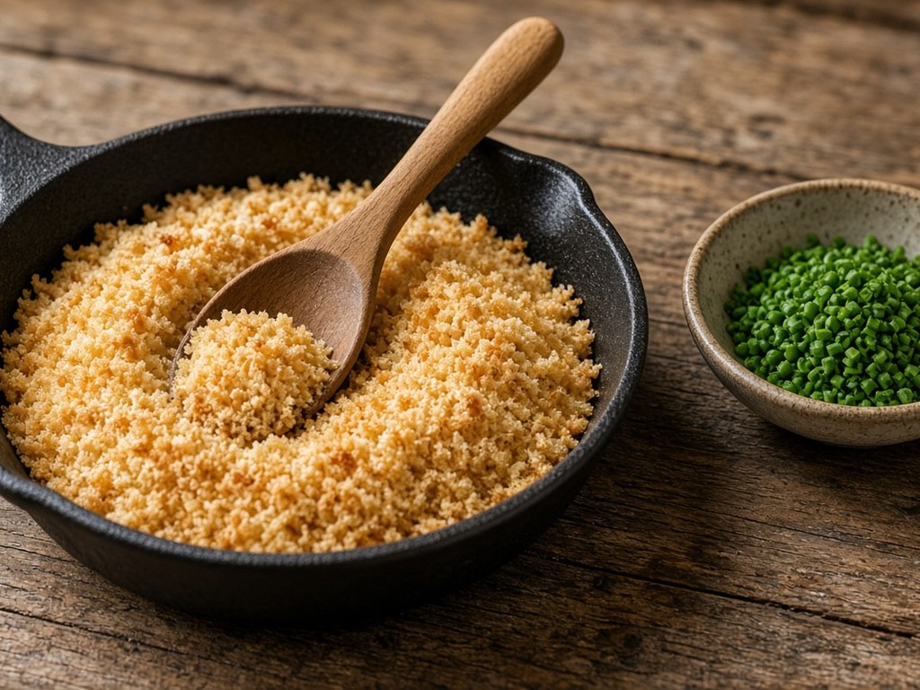 Golden toasted panko breadcrumbs in a small skillet with a wooden spoon