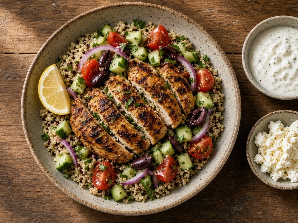 Greek chicken souvlaki bowl with sliced chicken over quinoa, cucumber-tomato salad, olives and a lemon wedge