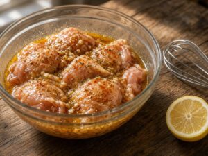 Raw chicken thighs marinating in lemon, garlic, oregano and paprika in a mixing bowl