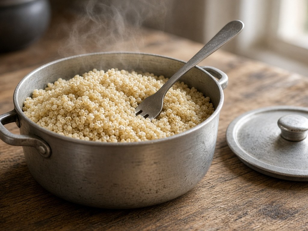 Cooked quinoa in a small pot fluffed with a fork