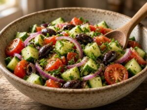 Cucumber, tomato, red onion, olive and parsley salad in a bowl