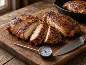 Browned chicken thighs sliced on a cutting board beside a cast iron skillet