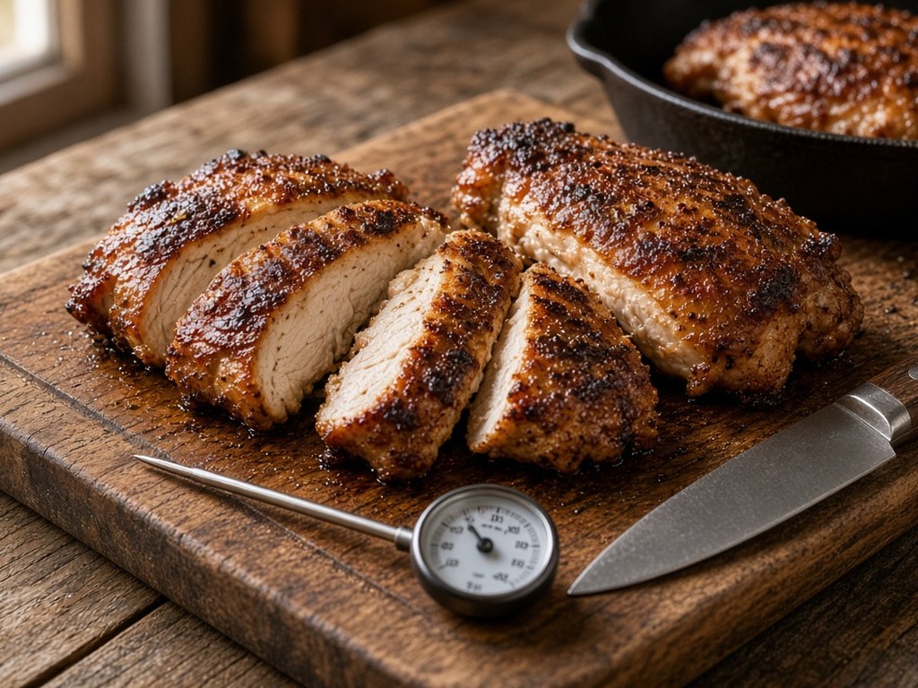 Browned chicken thighs sliced on a cutting board beside a cast iron skillet