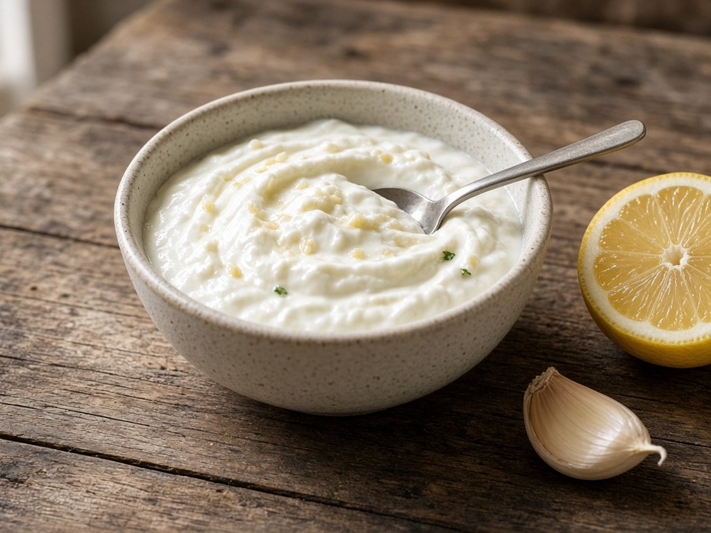 Garlic-lemon yogurt sauce in a small bowl
