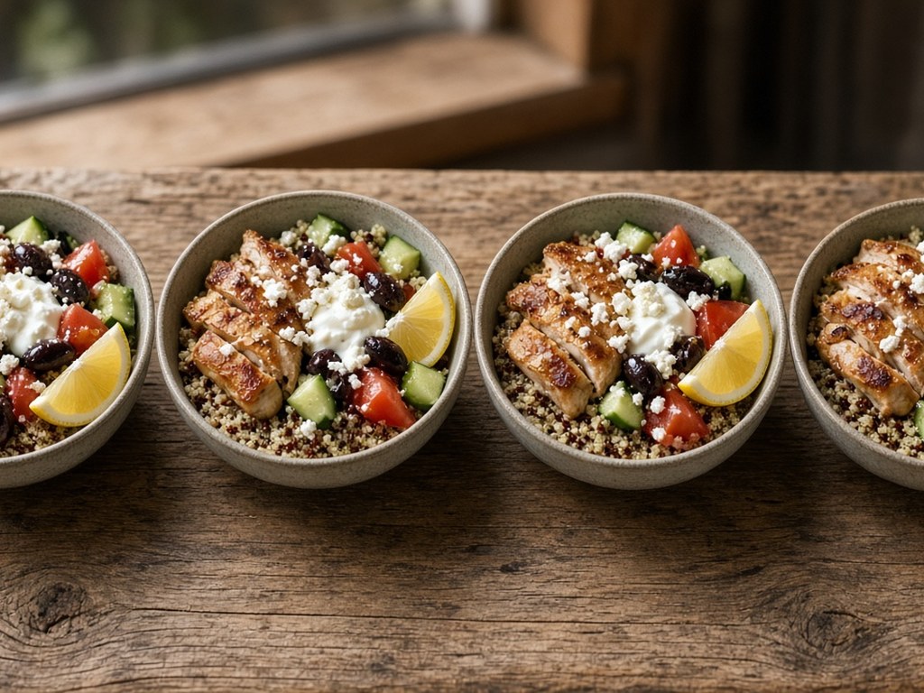 Four souvlaki bowls assembled with quinoa, chicken, salad, yogurt and feta