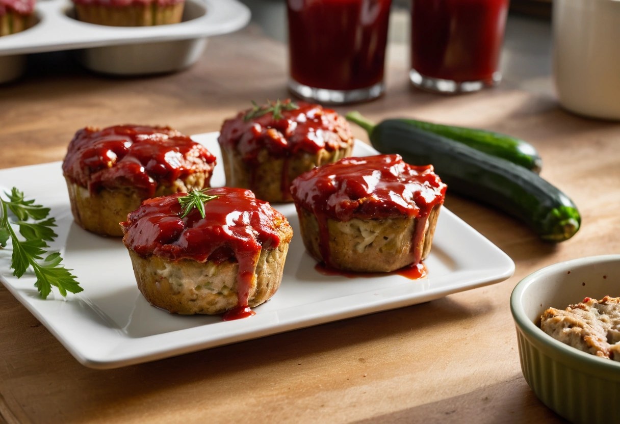 Mini turkey meatloaf muffins with shiny ketchup glaze on a white platter, zucchini beside