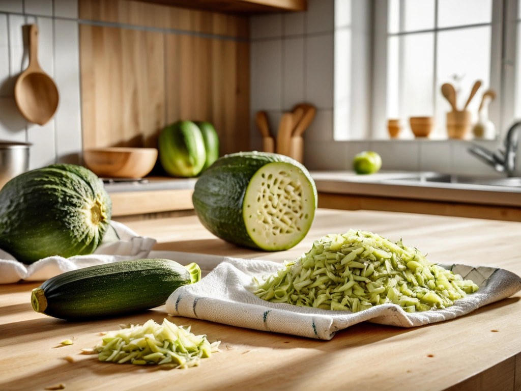 Finely grated zucchini on a kitchen towel, ready to be squeezed dry