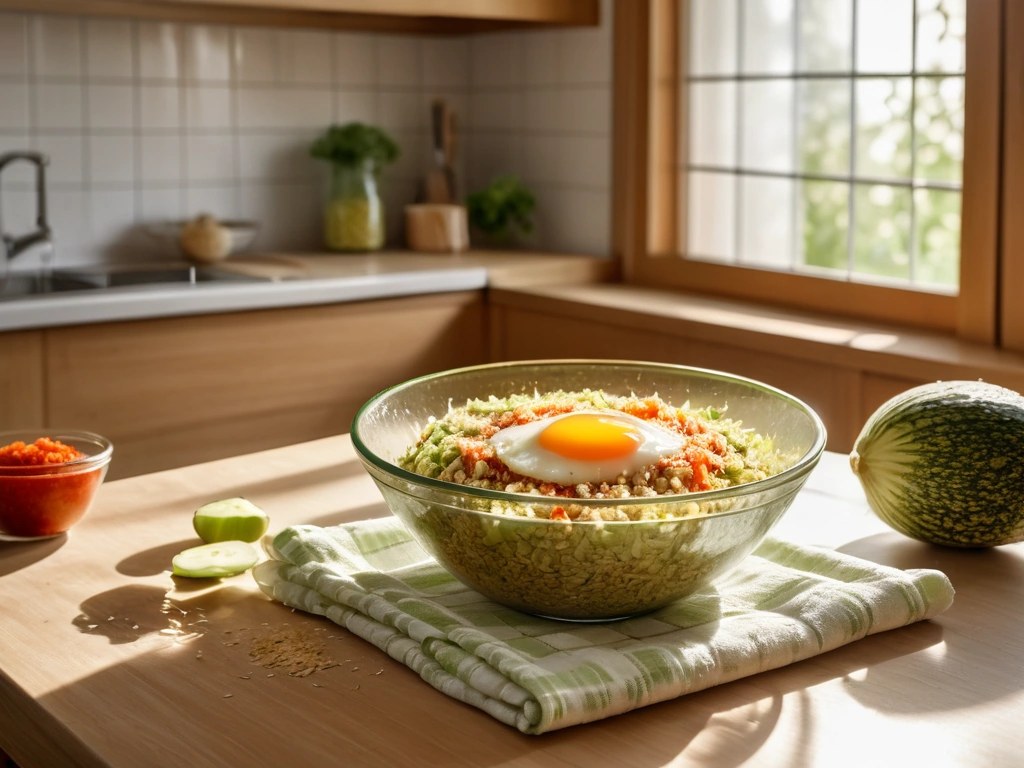 Mixing bowl with grated vegetables, oats and an egg for the meatloaf mixture