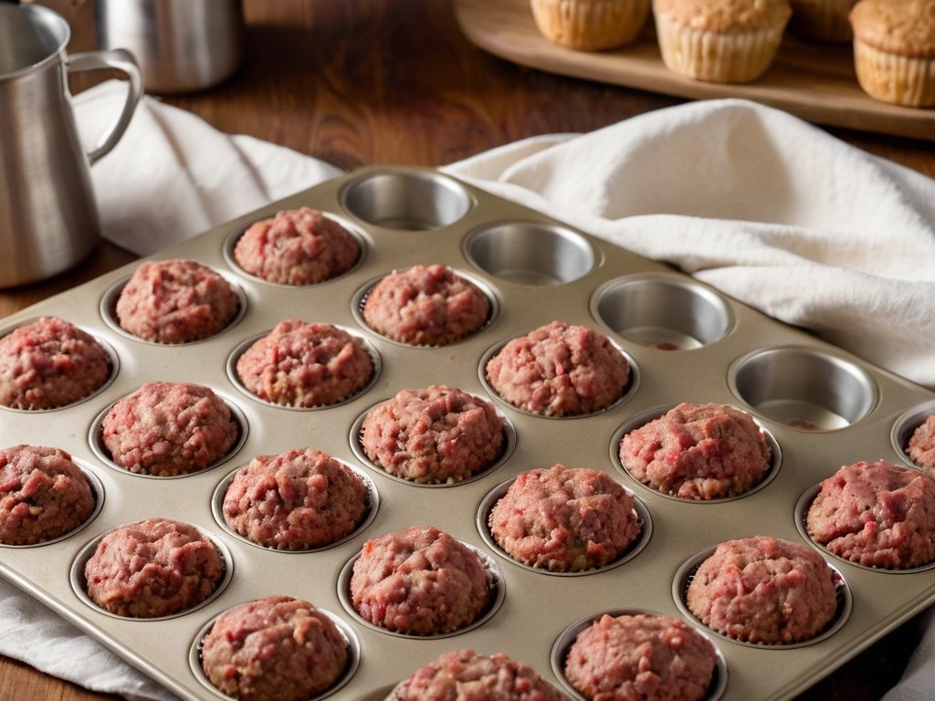 Meatloaf mixture portioned into a 12-cup muffin tin