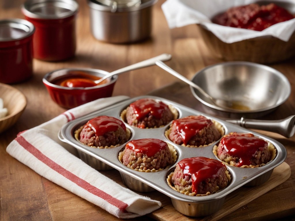 Mini meatloaves topped with ketchup glaze in a muffin tin